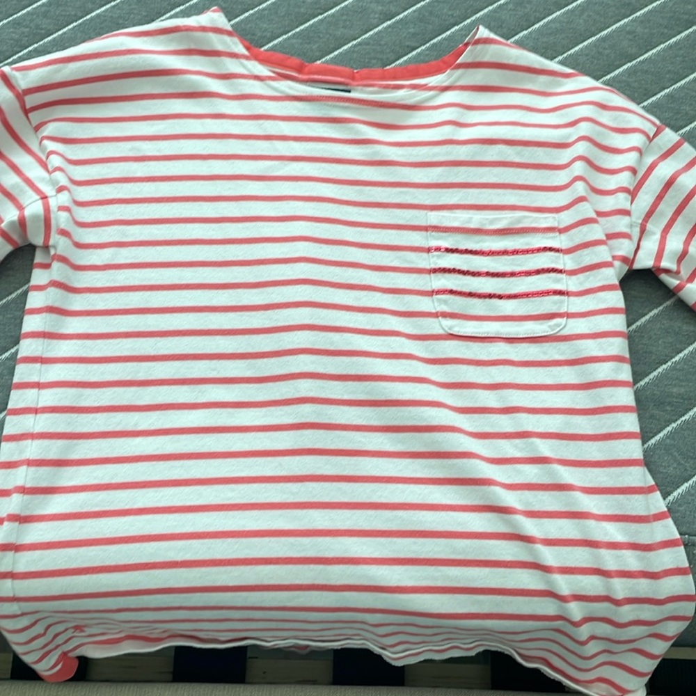 Joules Womens Top Sz 8 Shirt Long Sleeve Striped Pink White Sequin Pocket Hi Low